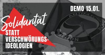 Banner mit dem Logo der "Antifaschistischen Aktion" und dem Schriftzug "Solidarität statt Verschwörungsideologien". Banner mit dem Logo der "Antifaschistischen Aktion" und dem Schriftzug "Solidarität statt Verschwörungsideologien".