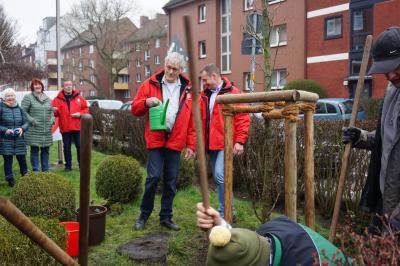 Mehrere Männer in roten IG BAU-Jacken, einer von ihnen mit einer grünen Gießkanne. Im Vordergrund ein frischgepflanzter Baum in einem stützenden Gerüst.